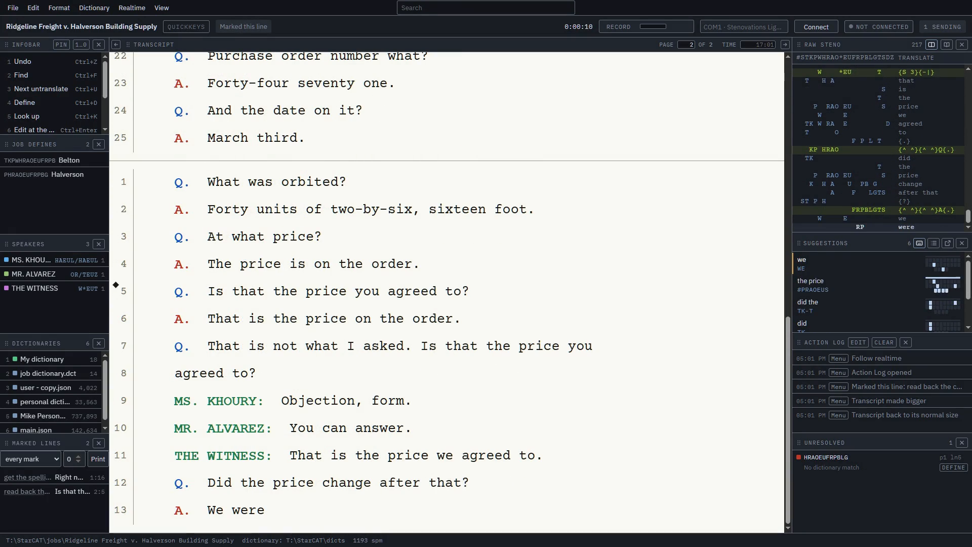 The StarCAT writing window: a transcript in the center, raw steno on the right, speakers and dictionaries on the left.